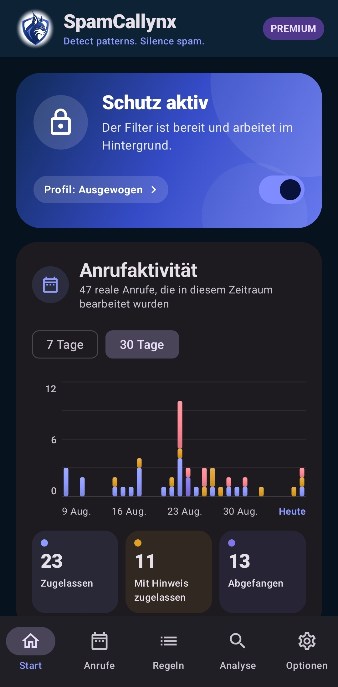 Dashboard: Schutzstatus prüfen.
