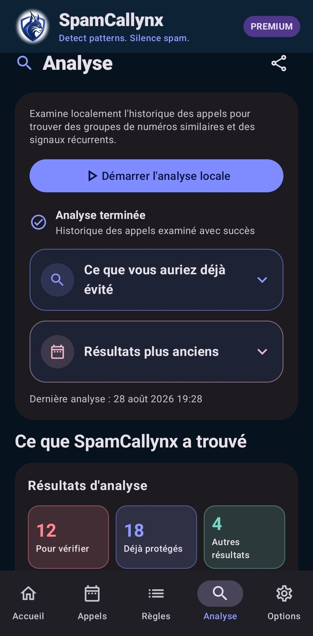 Analyse : groupes et éléments disponibles.