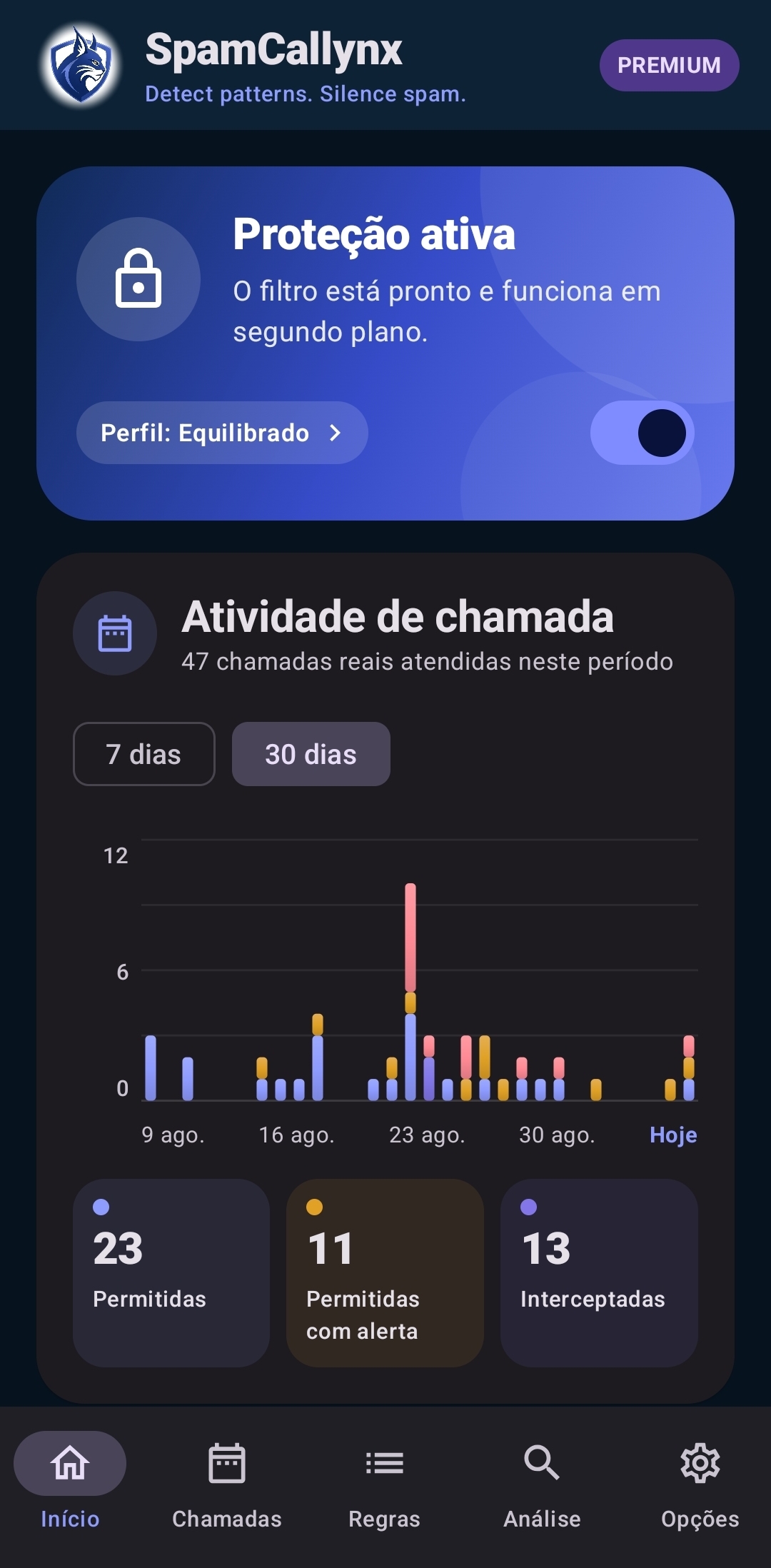 Dashboard: estado da proteção.